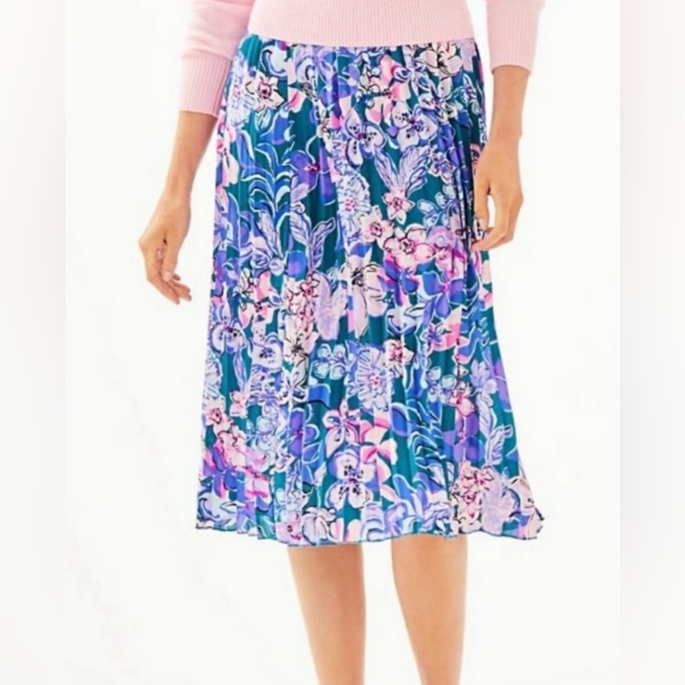 LILLY PULITZER Size S Giavana Pleated Skirt Tanzanian Teal Moonlight Garden